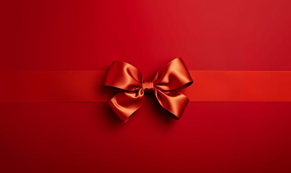 Shiny red satin ribbon and bow on Christmas red background top view, Holiday, Valentine, Merry Christmas concept greeting card space for text