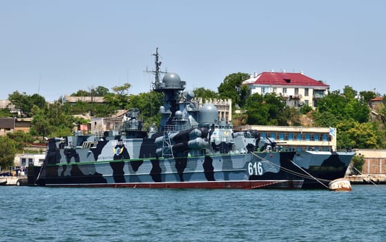 Sevastopol, Crimea - July 3, 2019. Samum is Russian small hovercraft missile ship as part of 41st brigade of missile boats of a Crimean naval base of Black Sea Fleet.