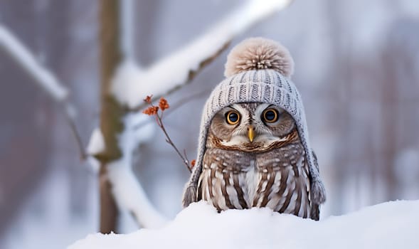 Cute funny owl wearing a knitted cap and scarf in winter snow landscape. Beautiful winter,Christmas concept. copy space space for text