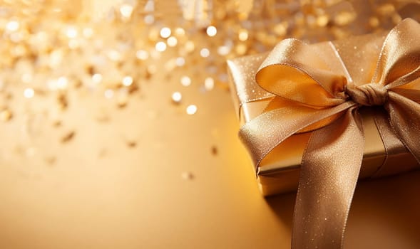 Golden sparkling gitbox with beautiful bow. Celebrating Christmas or New Years other holiday concept. Flat lay, top view copy space bokeh sparkling festive background space for text