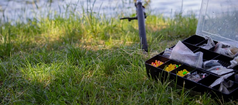 fishing tackle bait, fishing river. Selective focus nature