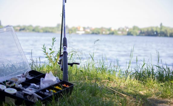 fishing tackle bait, fishing river. Selective focus nature