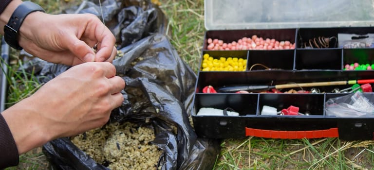 fishing tackle bait, fishing river. Selective focus nature