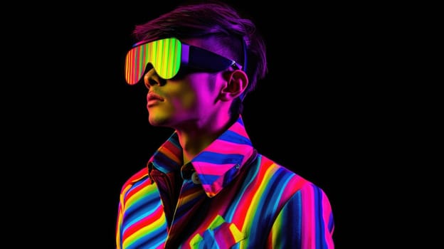 Young male model wearing VR posing with trendy fashion outfit and colorful vibrant glowing pink lime green optical art abstract background. Picturesque generative AI