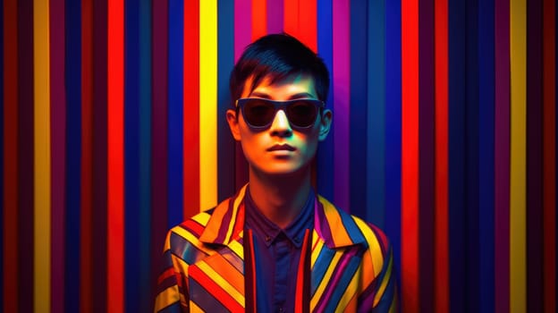 Young male model posing with trendy man fashion outfit and colorful optical art abstract background. Picturesque generative AI