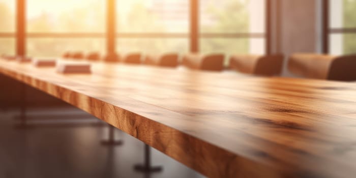 The wooden table top with blur background of classroom. Exuberant image.