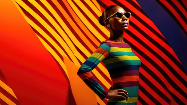 Young african female model posing with trendy fashion outfit and colorful vibrant orange optical art abstract background. Picturesque generative AI