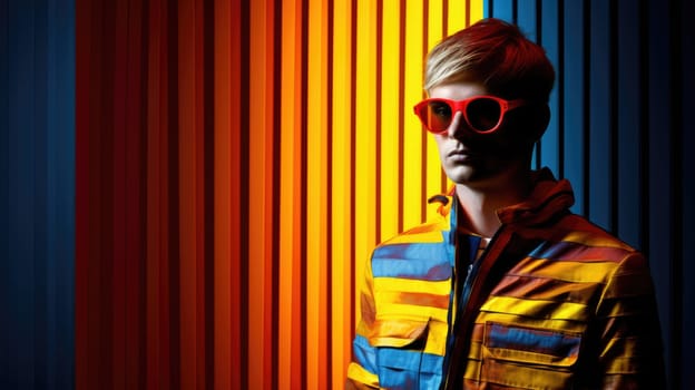 Young male model posing with trendy man fashion outfit and colorful optical art abstract background. Picturesque generative AI