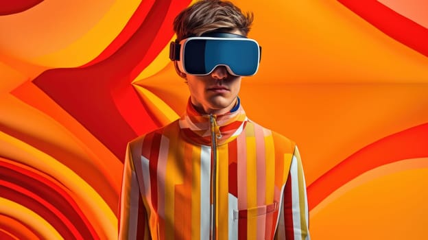 Young male model wearing VR posing with trendy fashion outfit and colorful orange optical art abstract background. Picturesque generative AI