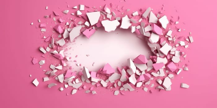 Breaking out of a hole in solid Pink wall, torn hole, empty copy space frame, mockup. Generative AI image weber.