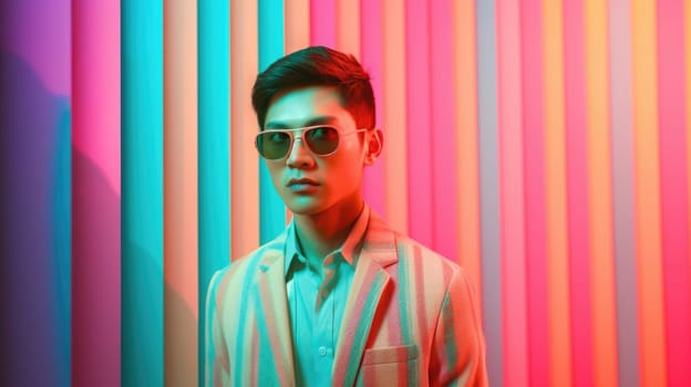Young male model posing with trendy man fashion outfit and colorful pastel mood optical art abstract background. Picturesque generative AI