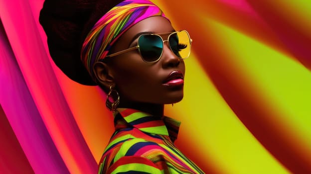 Young african female model posing with trendy fashion outfit and colorful glowing vibrant green and pink optical art abstract background. Picturesque generative AI