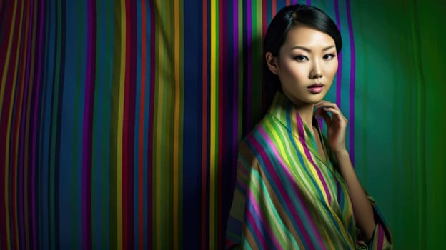 Young female model posing with trendy fashion outfit and colorful green optical art abstract background. Picturesque generative AI