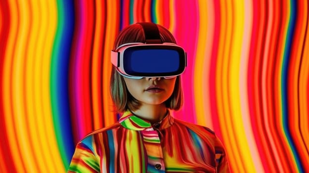 Young female model wearing VR posing with trendy fashion outfit and colorful orange optical art abstract background. Picturesque generative AI