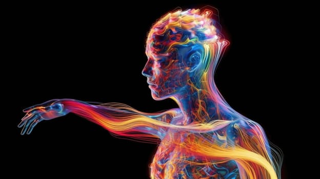 A humanoid robot with color swirling brain motion trails, concept of art, psychology, creativity, imagination, dreams. Generative AI image weber.