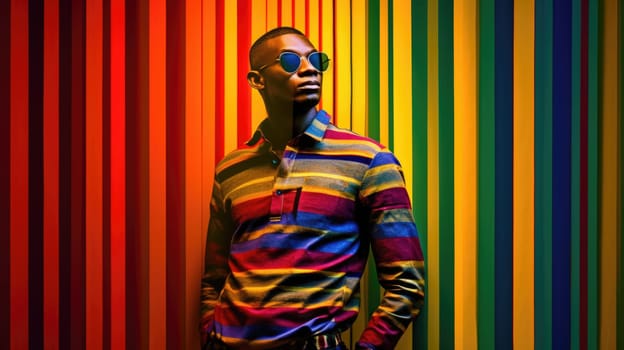 Young male model posing with trendy man fashion outfit and colorful orange optical art abstract background. Picturesque generative AI