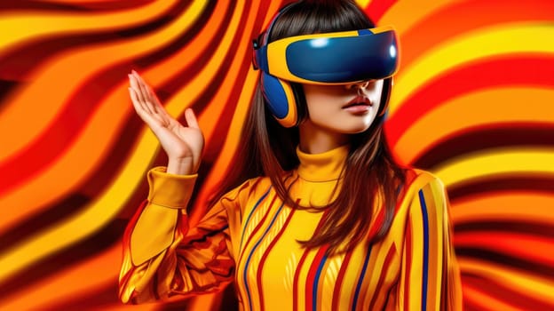 Young female model wearing VR posing with trendy fashion outfit and colorful orange optical art abstract background. Picturesque generative AI