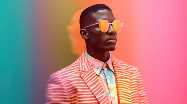 Young male model posing with trendy man fashion outfit and colorful pastel mood optical art abstract background. Picturesque generative AI