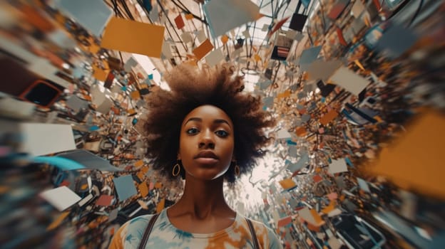 Overwhelming information data explode out of head of young human brain, too much media, too much information, maximalism, news, social media addiction. Generative AI image weber.