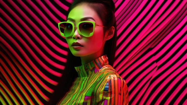 Young female model posing with trendy fashion outfit and colorful glowing vibrant green and pink optical art abstract background. Picturesque generative AI