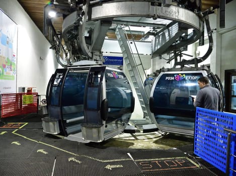 Rosa Khutor, Russia - June 1. 2018. cable car in a ski resort at Zapovednyy les station