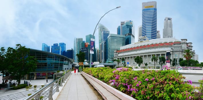low angle view of singapore modern city buildings..