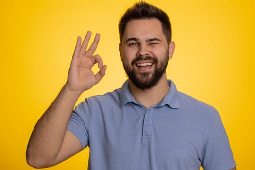 Okay. Joyful happy caucasian man looking approvingly at camera showing approve feedback gesture like Ok sign positive something good. Handsome smiling guy on yellow background. People sincere emotion