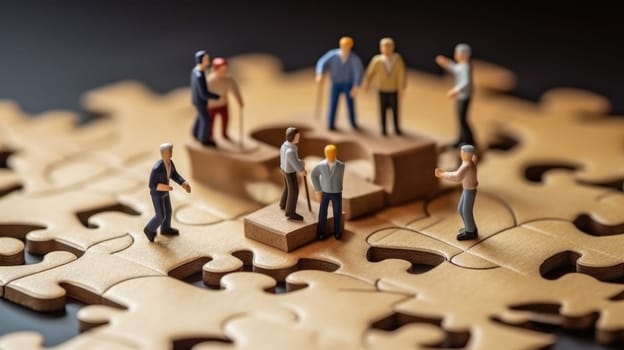 Miniature business people connecting many puzzle, top view, concept of teamwork. Generative AI image weber.