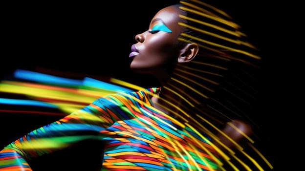 Young african female model posing with trendy fashion outfit and colorful optical art abstract background. Picturesque generative AI