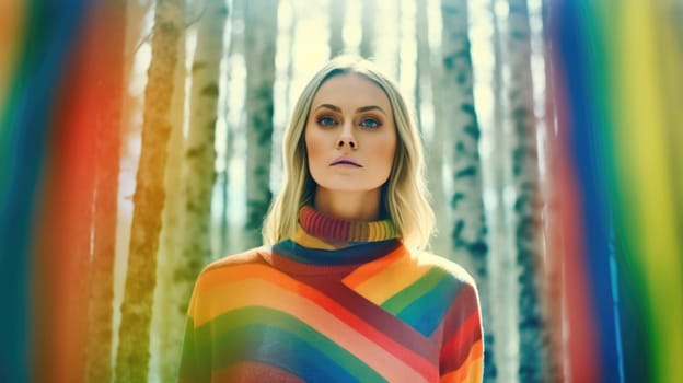 Young female model posing with trendy fashion outfit in colorful rainbow in forest background. Picturesque generative AI