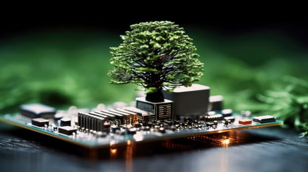 A beautiful large tree growing on the micro chip computer circuit board showing concept of digital business CSR and ethics ESG, waste management. Generative AI image weber.