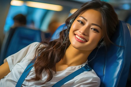 Portrait of a Chinese flight attendant in the cabin. Generative AI. High quality illustration