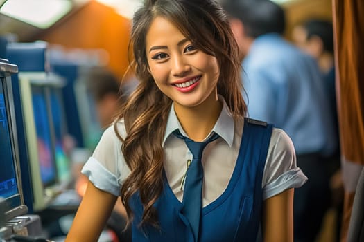 Portrait of a Chinese flight attendant in the cabin. Generative AI. High quality illustration