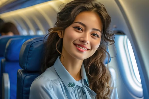 Portrait of a Chinese flight attendant in the cabin. Generative AI. High quality illustration