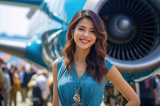 Portrait of a girl standing by the plane. Generative AI. High quality illustration