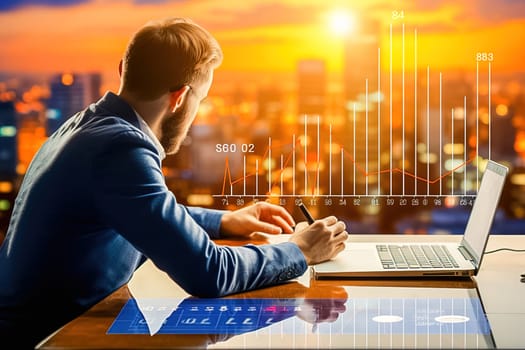 Male businessman makes business charts. Generative AI. High quality illustration