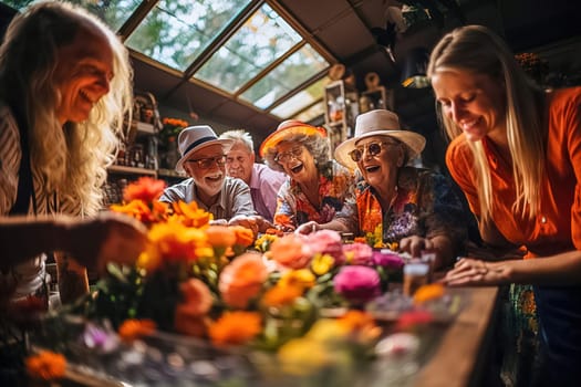 Happy pensioners gathered at the table in the country. Generative AI. High quality illustration