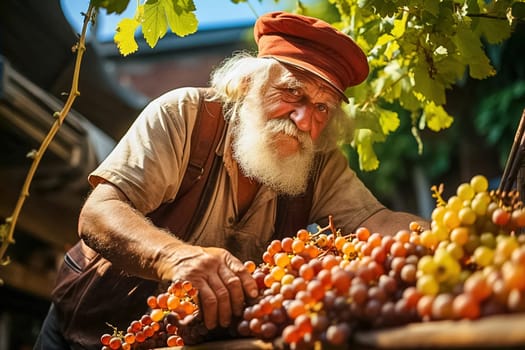 A pensioner grows grapes on his plot. Generative AI. High quality illustration