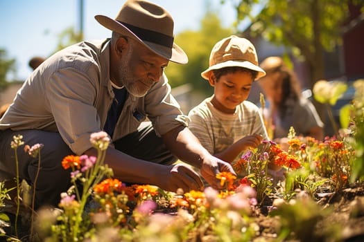 A pensioner with his granddaughter grows flowers in the backyard. Generative AI. High quality illustration