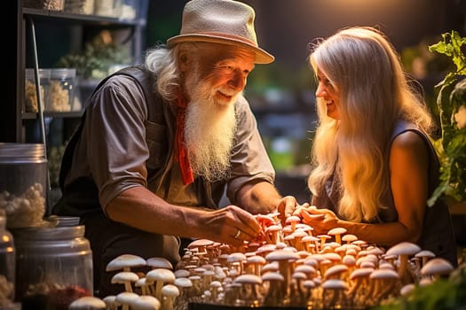 A happy retired couple grows mushrooms on their property. Generative AI. High quality illustration
