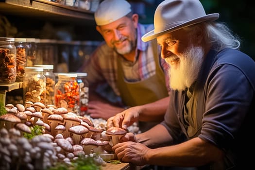 A pensioner grows mushrooms on his plot. Generative AI. High quality illustration