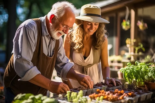 A happy retired couple are engaged in organic farming on their plot. Generative AI. High quality illustration