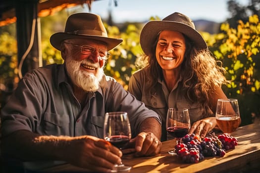 Happy pensioners drink wine on their plot. Generative AI. High quality illustration