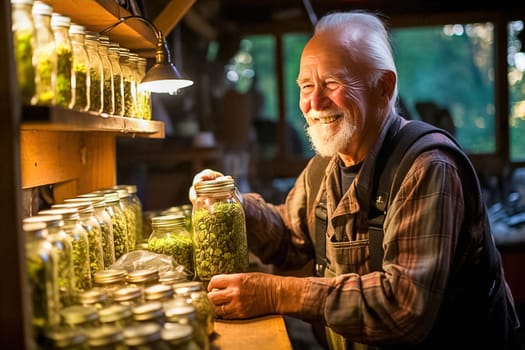 A pensioner grows medicinal herbs on personal plots and creates his own first-aid kit. High quality illustration