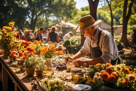A retired gardener grows flowers in his backyard. Generative AI. High quality illustration