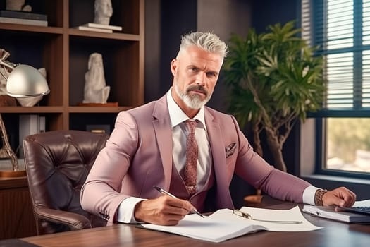 Portrait of a male leader at a desk in his office. Generative AI. High quality illustration