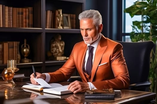 Portrait of a male leader at a desk in his office. Generative AI. High quality illustration