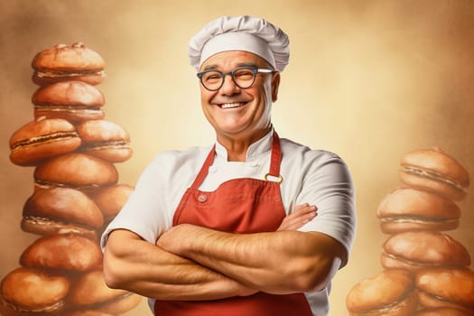 Portrait of a baker in a bakery on the background of bakery products. Generative AI. High quality illustration