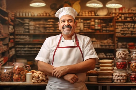 Portrait of a baker in a bakery on the background of bakery products. Generative AI. High quality illustration