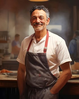 Portrait of a baker in a bakery on the background of bakery products. Generative AI. High quality illustration